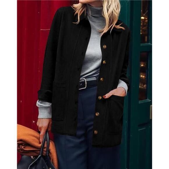 Faux Suede Jacket Button Down Shackets Black - Picture 6 of 6